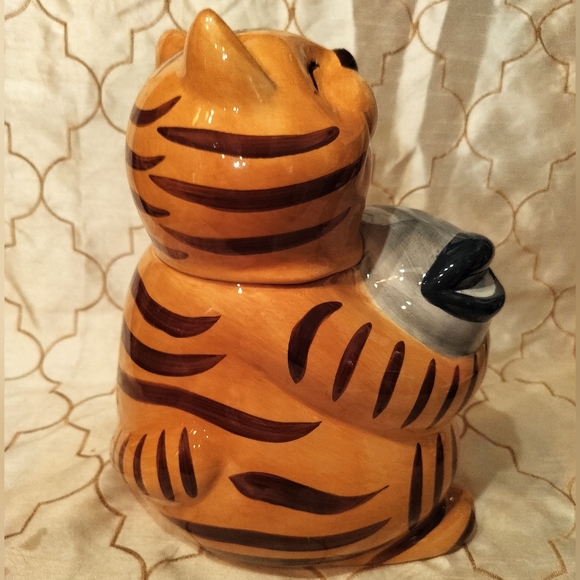 Cookie Jar Cat Holding Fish CKAO yellow cat Vintage in great condition - Picture 7 of 11